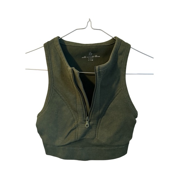 Offline By Aerie Olive Green Ribbed Fitted Zip Crop Tank Top Size Small - Picture 10 of 13